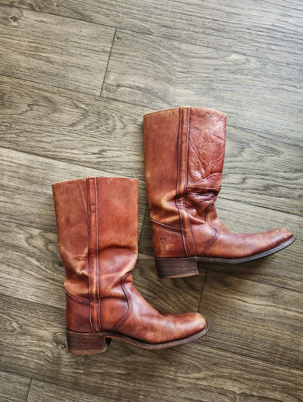 Vintage Frye Campus Cognac Brown Distressed Leather Boots Size 11D